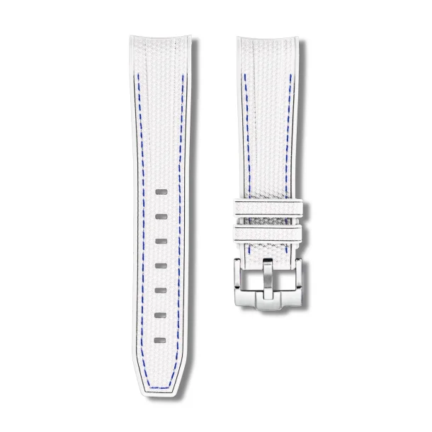 Curved End Gummirem til Omega X Swatch MoonSwatch - Hvid med bl� syninger