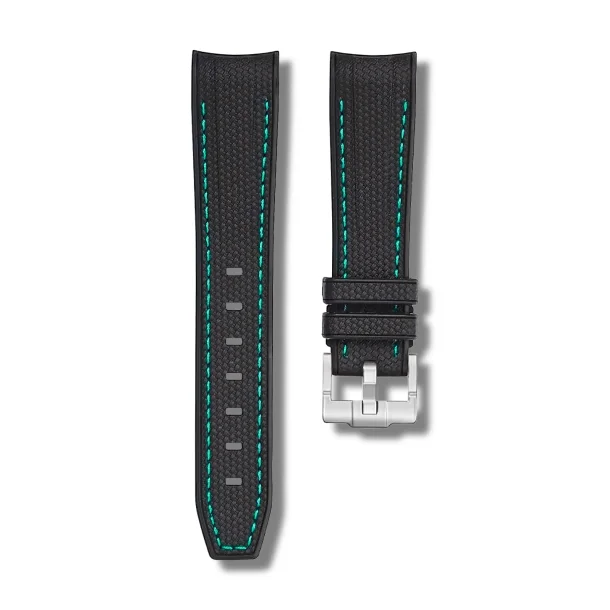 Curved End Gummirem til Omega X Swatch MoonSwatch - Sort med cyanfarvede syninger