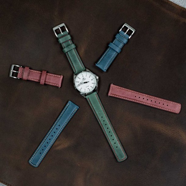 Rustik L�derrem med Quick-release - Gr�n med r�de syninger